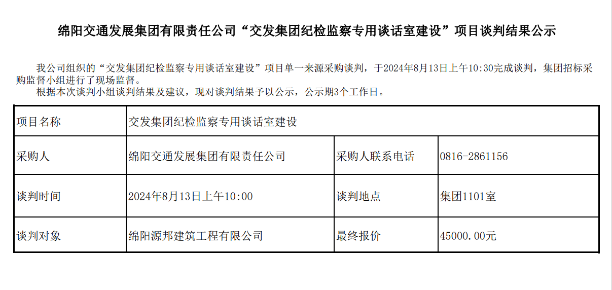 綿陽(yáng)交通發(fā)展集團(tuán)有限責(zé)任公司“交發(fā)集團(tuán)紀(jì)檢監(jiān)察專(zhuān)用談話室建設(shè)”項(xiàng)目談判結(jié)果公示.png